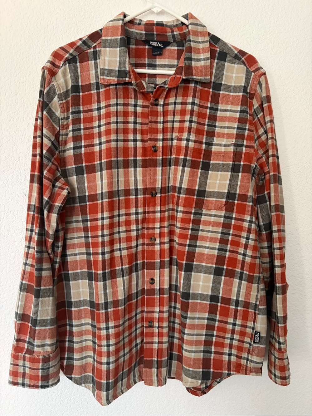 Eddie Bauer Red Tan Black Plaid Button-Down Shirt